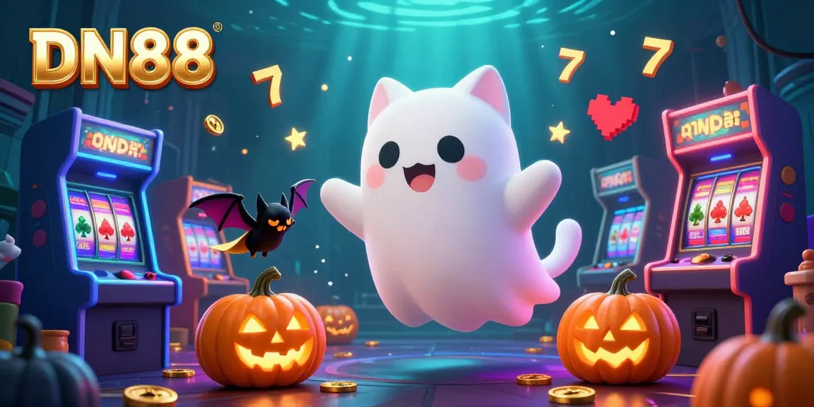Experience the haunted thrill at DN88 casino with ghostly cat and vampire bat in a glowing 3D illustration.