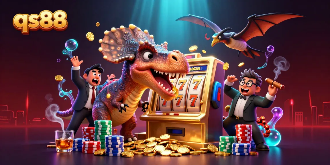 qs88 slot machine jackpot scene with cartoon dinosaurs and vibrant casino elements