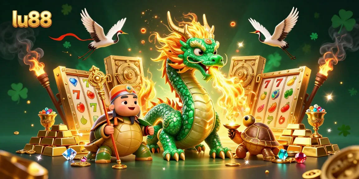 Experience the thrill of lu88 slots with a dragon, turtle sage, and lucky cranes in a vibrant casino scene.