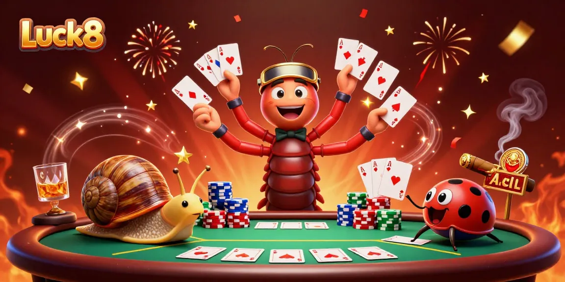 Luck8 invites players to enjoy dynamic poker action with a colorful dealer, vibrant chips, and festive celebration.