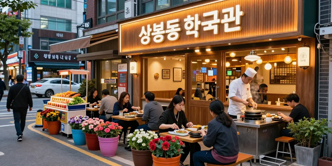 Patrons enjoying traditional dishes at 상봉동 한국관 in a lively urban setting.
