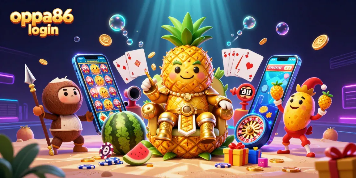 Play slots with exciting oppa86 login visuals, featuring a pineapple king and casino elements.