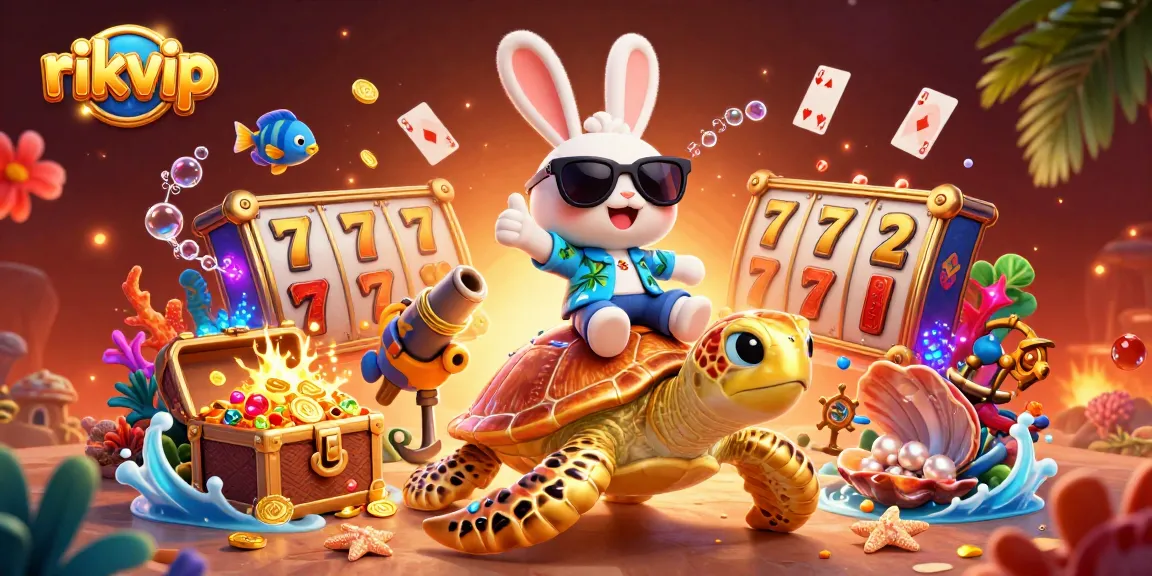 Win big with rikvip featuring a lucky rabbit and golden turtle amidst slots and underwater treasures.