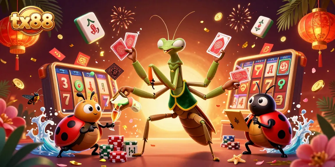 Experience thrilling gameplay with tx88's vibrant casino illustration featuring a dynamic mantis dealer and a ladybug pit boss.