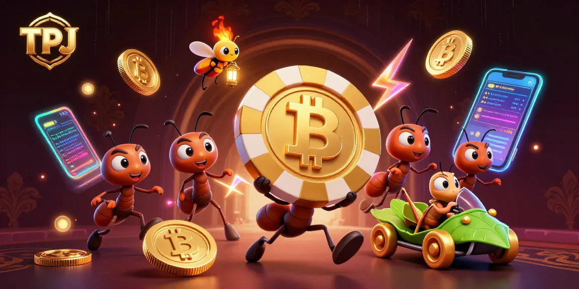 TPJ ants heist carrying a massive poker chip amid colorful crypto coins in a vibrant scene.
