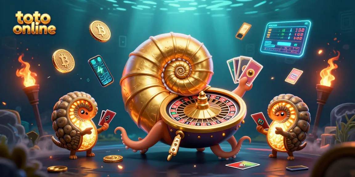 Menggunakan toto online untuk bertaruh, melihat nautilus raksasa berputar sebagai roda roulette di latar belakang yang kaya.