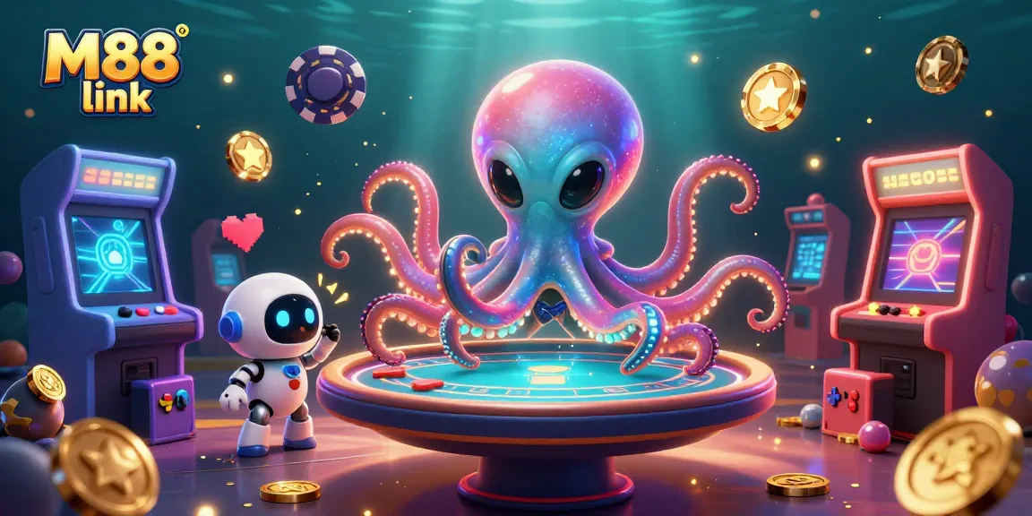 Engage with the thrilling M88 link, featuring a vibrant alien octopus at a poker table!
