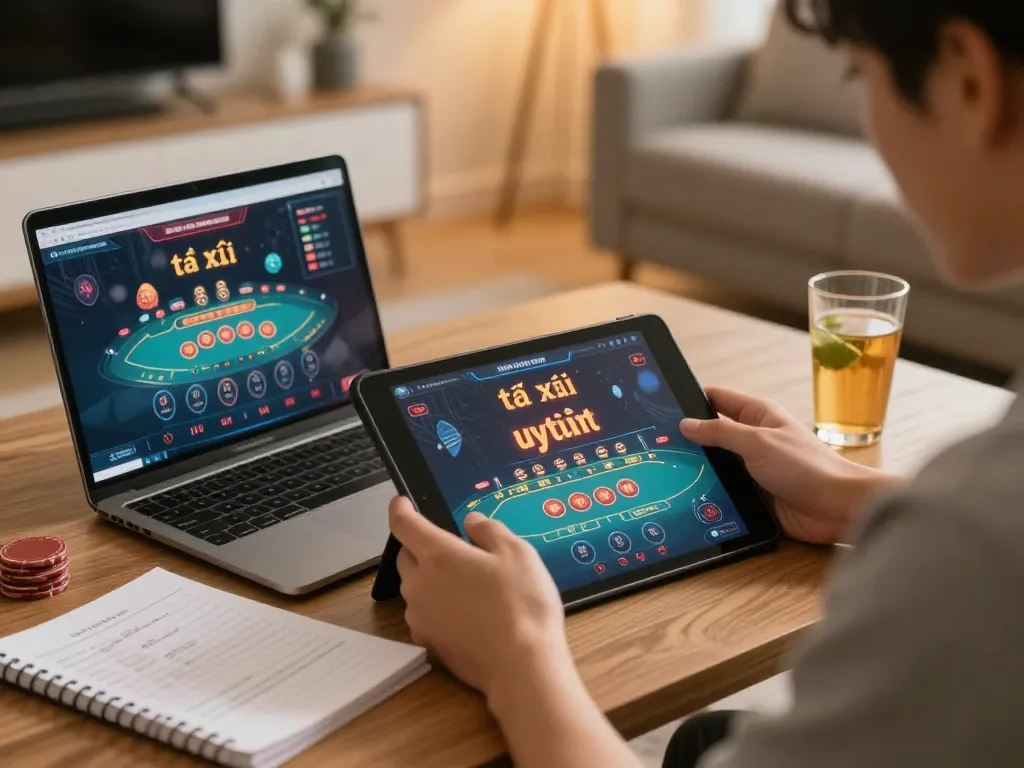 Playing tài xỉu online uy tín on a tablet in a cozy living room environment, showcasing strategic gameplay