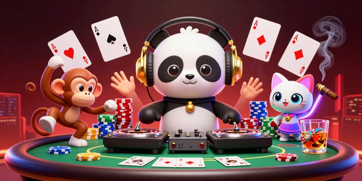Experience the excitement of debet gaming with a DJ panda spinning on roulette wheels amidst lively casino characters.
