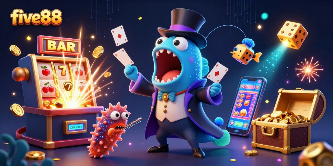 Engage with five88's thrilling casino action featuring cartoon magic and jackpot explosions in a vibrant underwater scene.