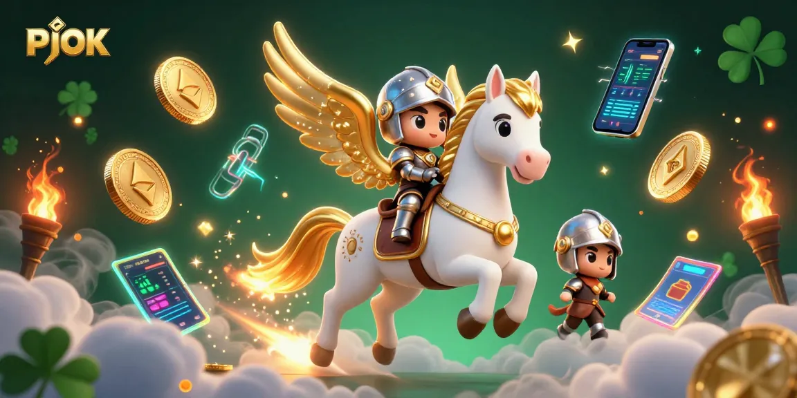 Experience thrilling gaming with PJOK's celestial character in a vibrant 3D illustration of dynamic online gambling.