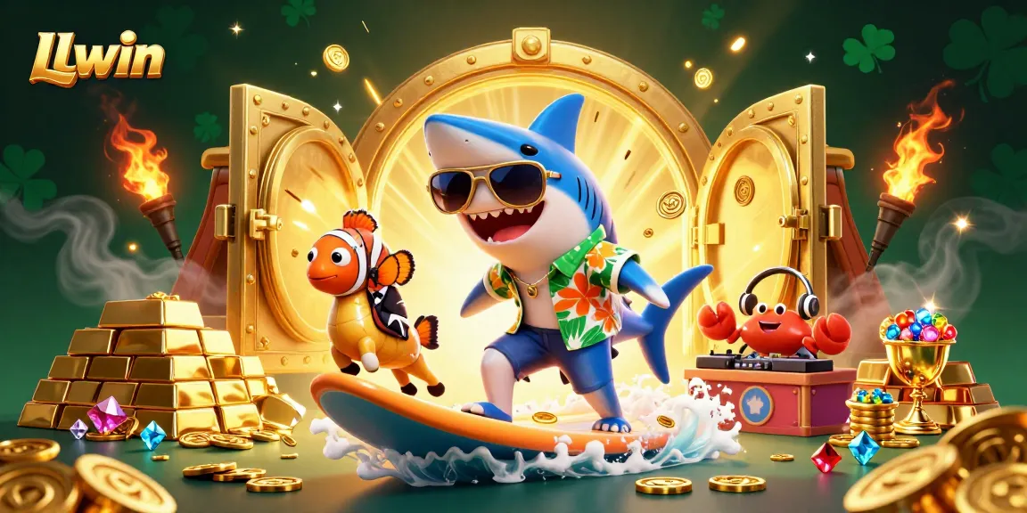 Experience LLwin's thrilling online gaming with vibrant characters and golden treasures.