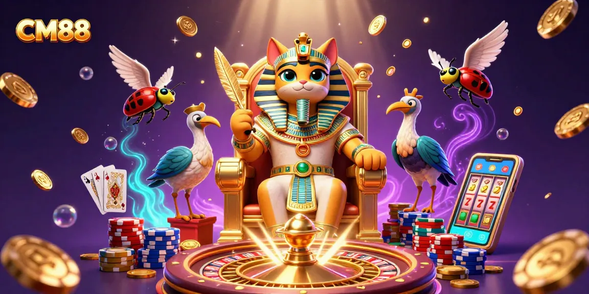 Experience excitement at CM88 with a pharaoh cat and vibrant casino elements in a vibrant 3D scene.