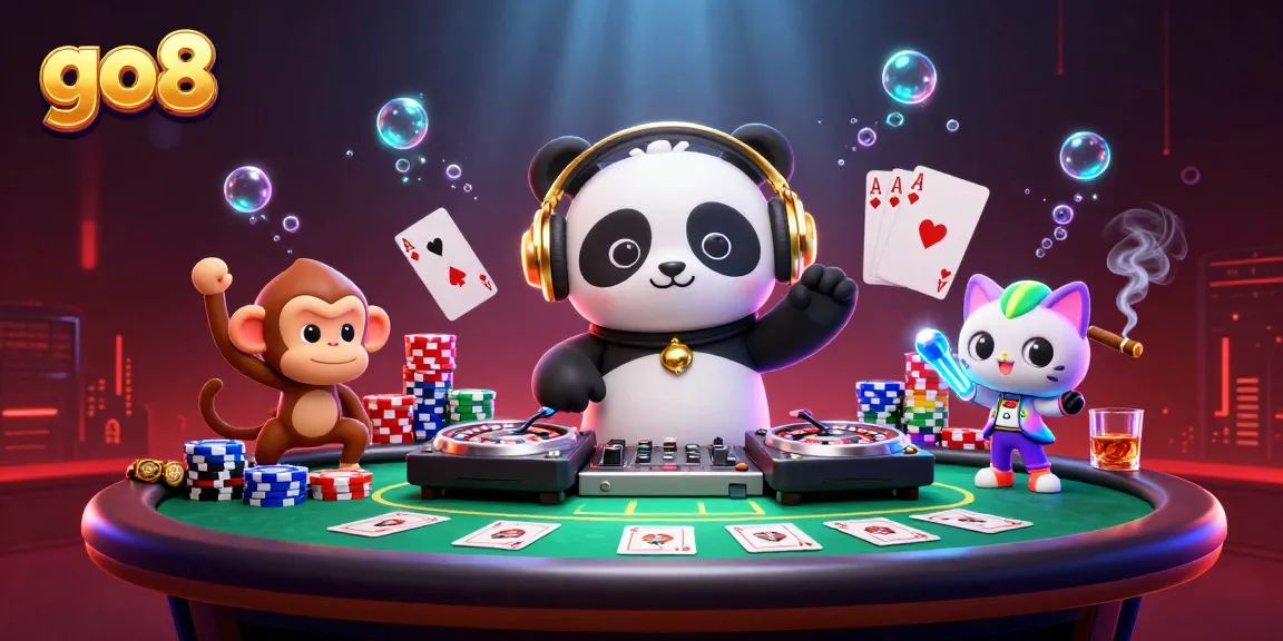 Engage with go8 through a lively 3D casino scene featuring DJ panda and vibrant game elements.