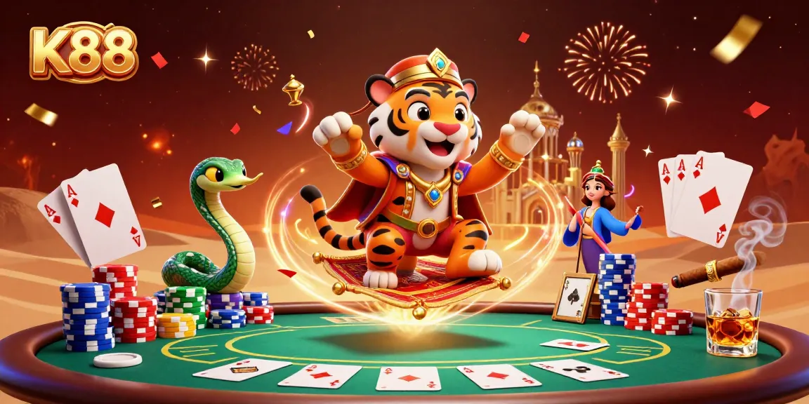 K88 promotes exciting gaming action with an Arabian Nights-themed tiger sultan on a flying carpet filled with poker chips.
