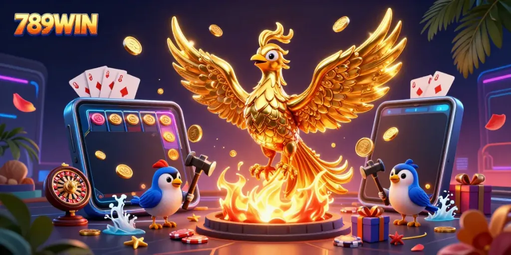 Experience thrilling wins with 789WIN as molten gold transforms into coins from a phoenix.