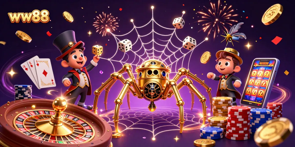 Experience thrilling casino games at ww88 with a vibrant 3D artistic illustration showcasing captivating characters and lavish game elements.