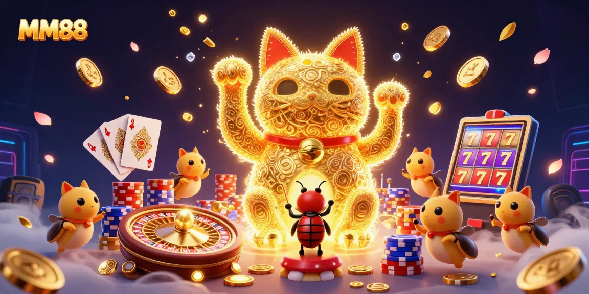 Experience the excitement of MM88 with a vibrant scene of a lucky cat and casino elements