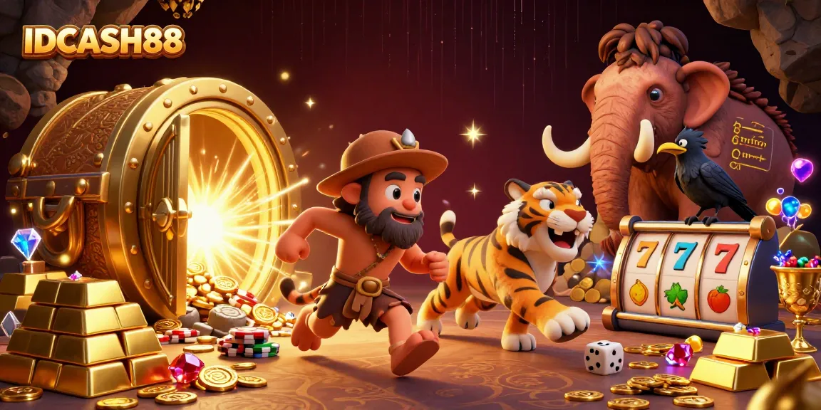 Spin the reels of excitement with IDCASH88 at a vibrant prehistoric casino filled with treasures.