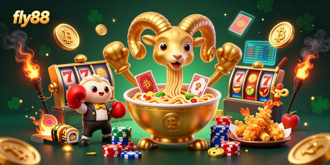 fly88 offers an engaging casino scene with a golden ramen bowl dealing cards and chips.