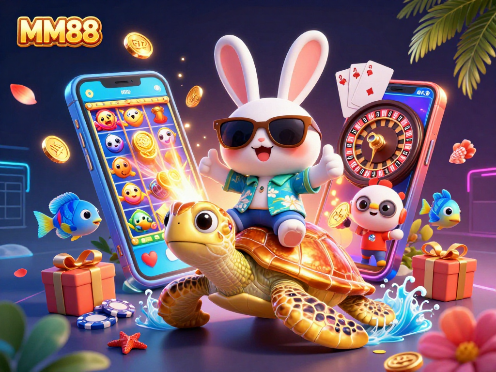 Experience MM88 excitement with cartoon characters, vibrant casino elements, and vivid backgrounds.