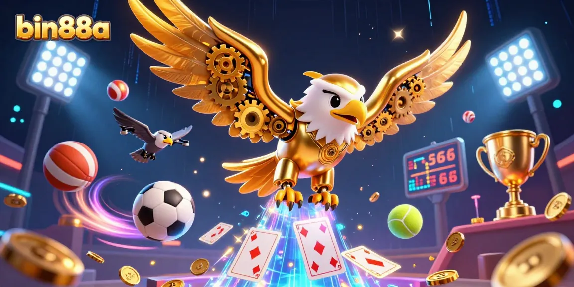Experience the thrill of bin88a with a golden eagle soaring through vibrant holographic cards and sports dynamics.
