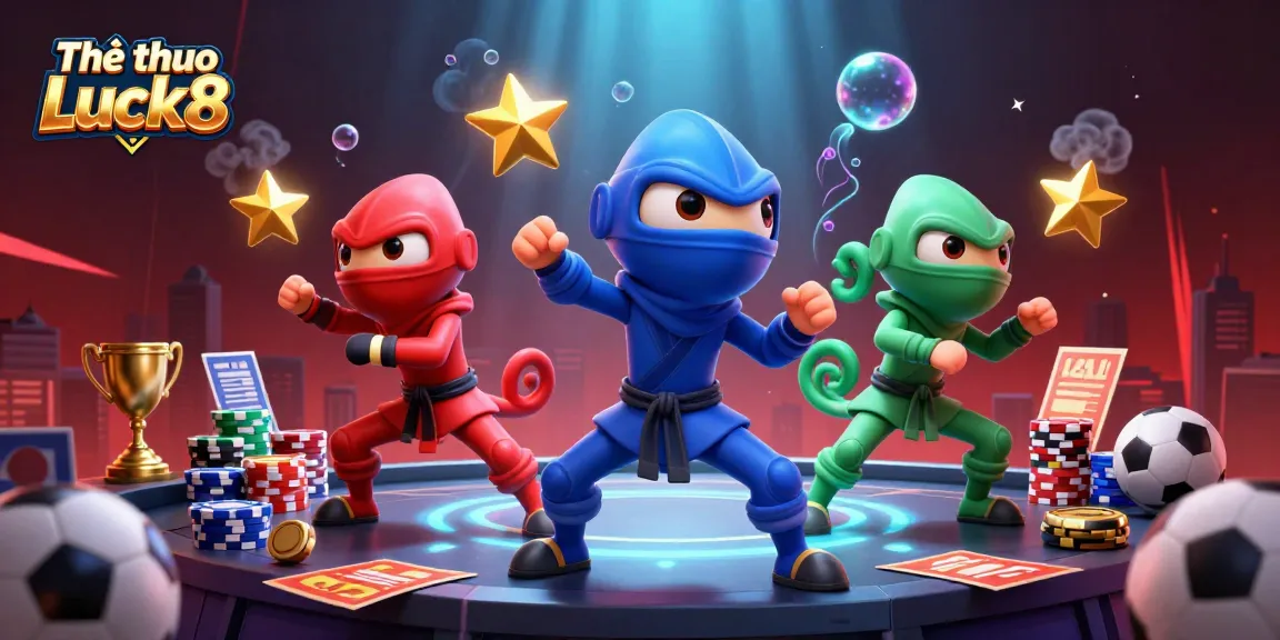 Engage with Thể thao Luck8 in a vibrant casino scene showcasing ninja chameleons and sports betting elements.