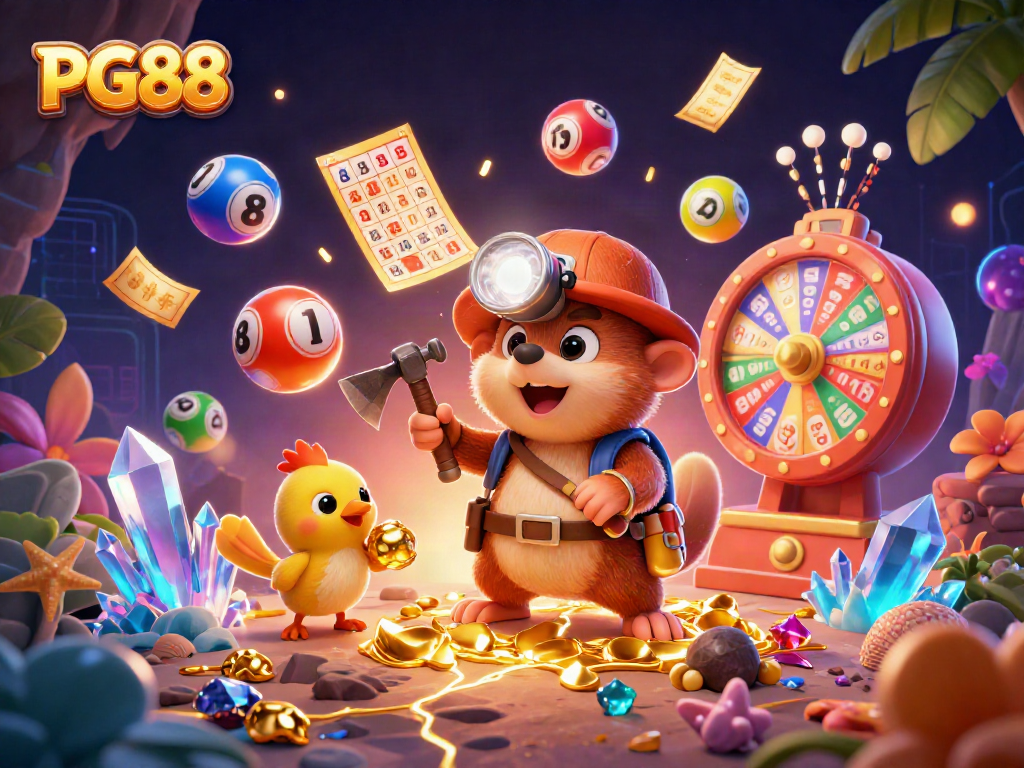 Join PG88's treasure hunter mole as it mines for riches amidst vibrant lottery elements in a dynamic casino scene.