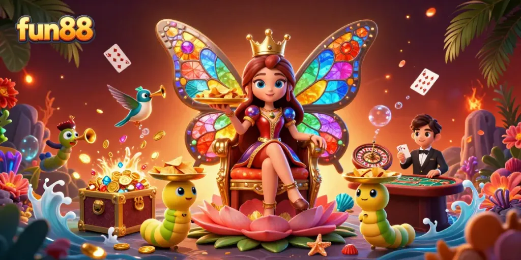 Experience fun88 excitement with a vivid illustration featuring a butterfly queen and lively casino elements.