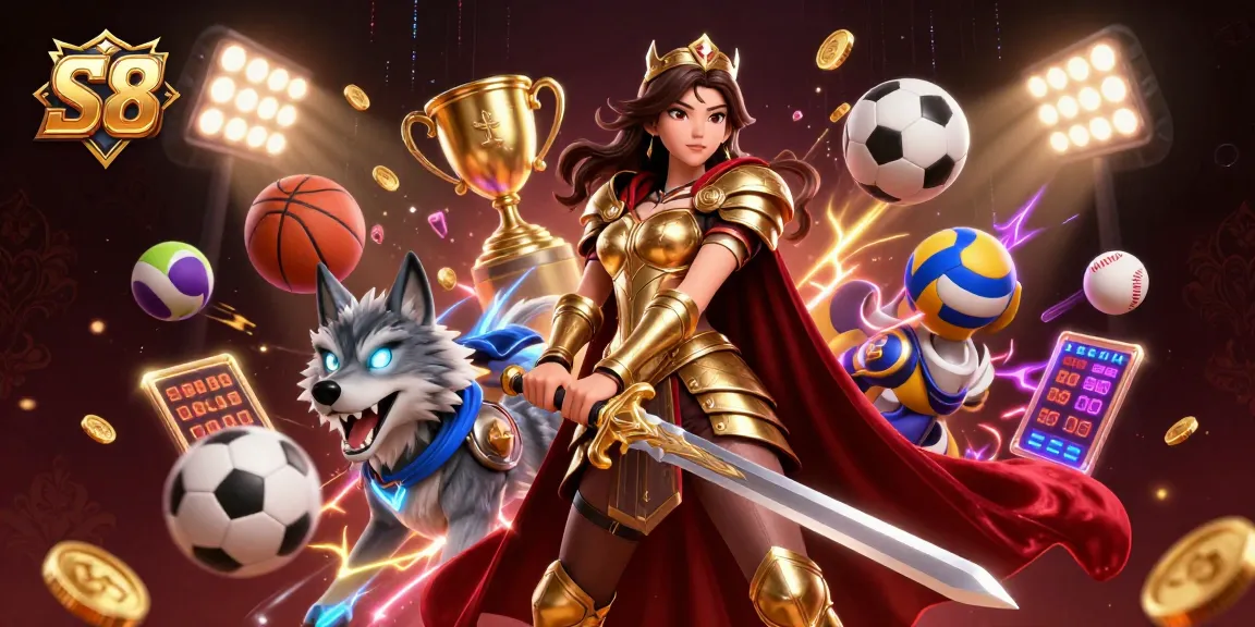 S8 casino experience with a warrior queen and 3D cartoon wolf, surrounded by dynamic sports elements.