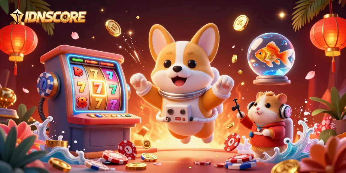 IDNSCORE offers exciting gameplay with a 3D cartoon astronaut corgi and vibrant slot machine elements.