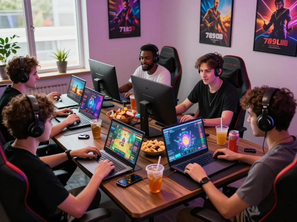 Exciting online gaming moment at 789club with diverse players enjoying games on laptops and mobile devices.