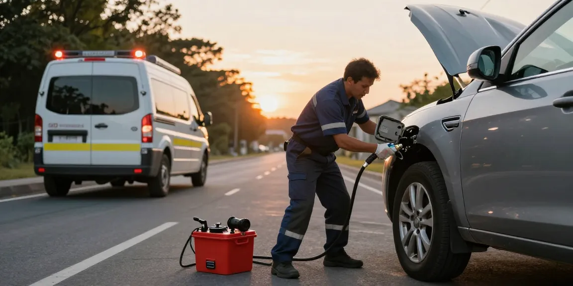 Wrong fuel in car being drained by a technician at sunset, illustrating emergency fuel recovery service.