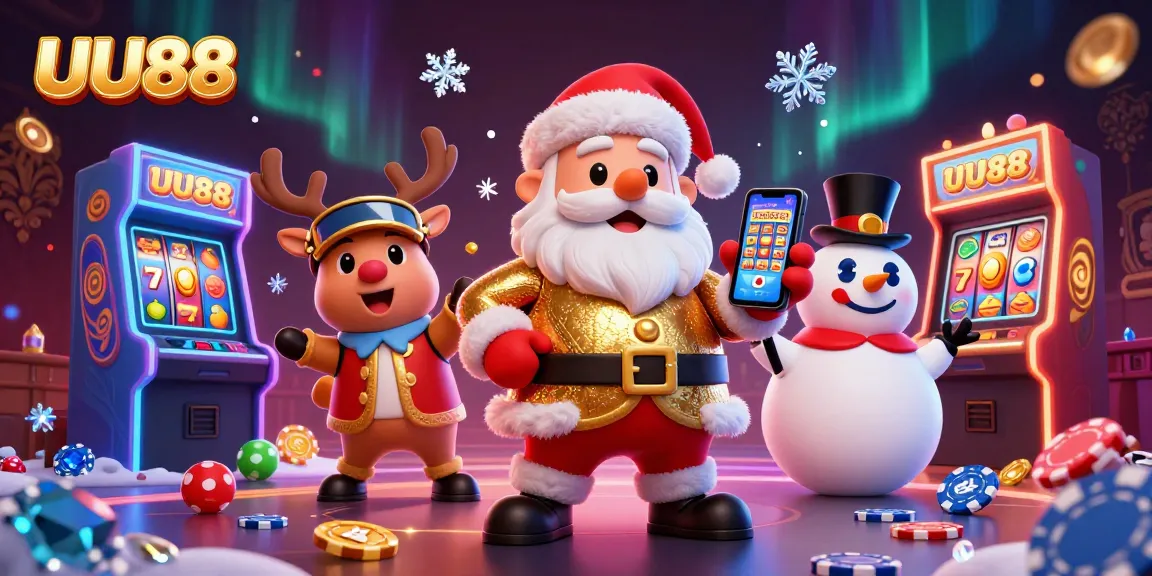 UU88 celebrates jackpots with Santa and friends in a vibrant casino scene filled with games.