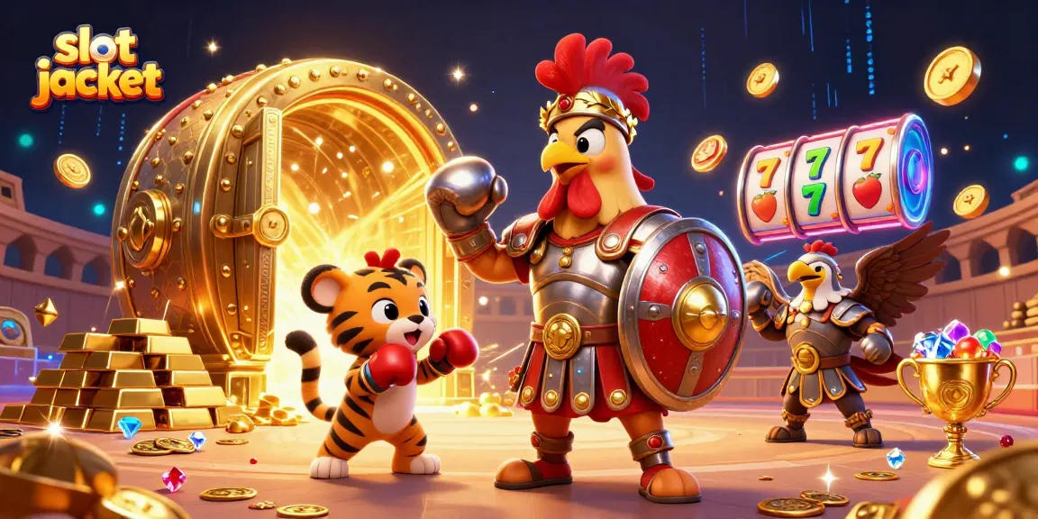 Experience the thrill of the slot jackpot with a gladiator rooster amidst flashing casino elements.