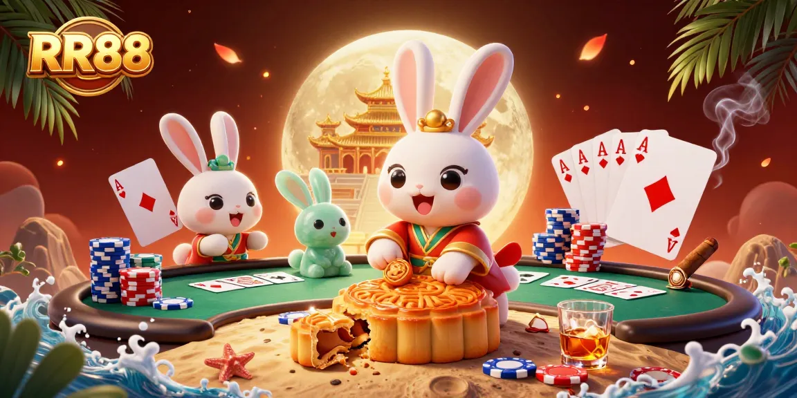 Experience the thrilling RR88 casino atmosphere with poker chip-filled mooncakes and a whimsical moon backdrop.