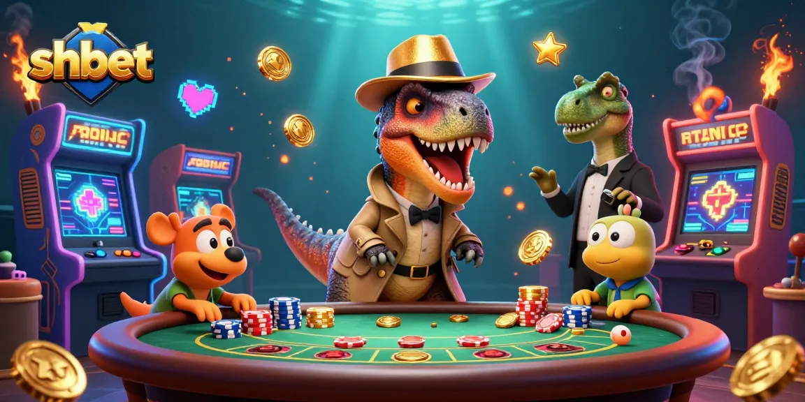 Experience the thrill of shbet with a cartoon velociraptor and friends at a vibrant casino table.