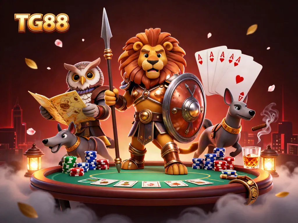 Engage with TG88's vibrant and dynamic gaming scene featuring a Spartan lion and tactical owl at a poker table.