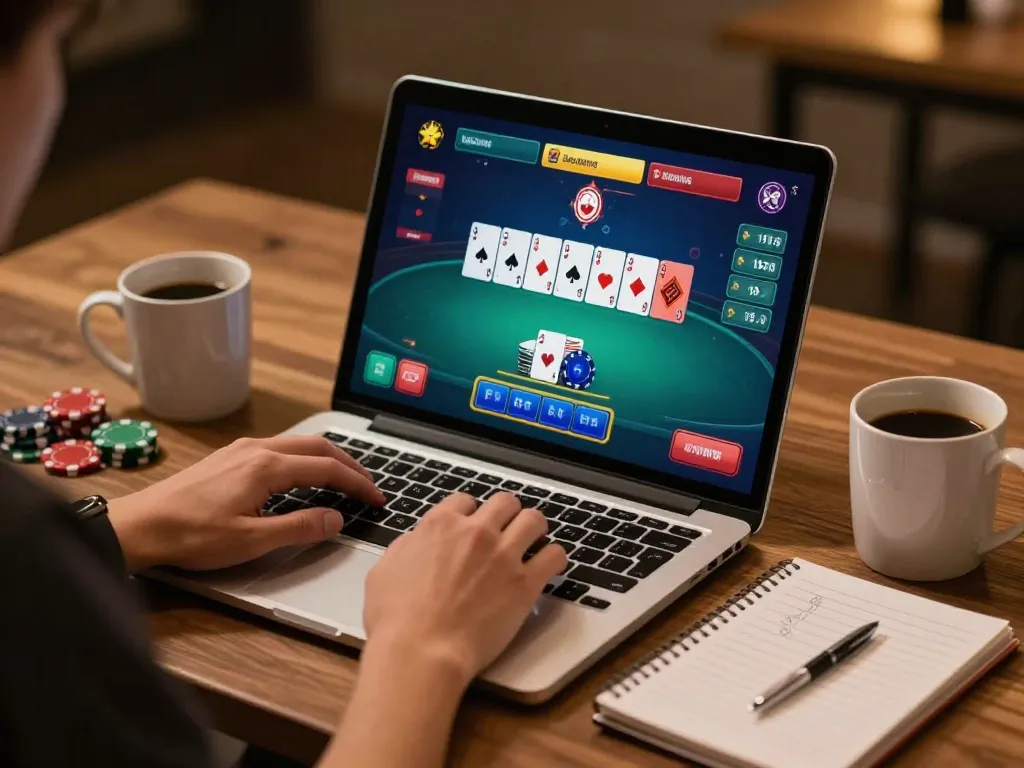 Engaged player using a laptop on the trang chủ B52CLUB for poker strategy and online gaming