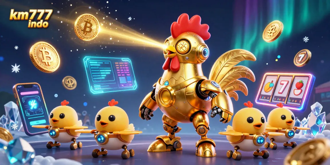 Experience fun at km777 indo's vibrant online casino with golden rooster robot and slot games.