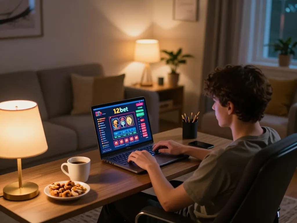 Cảnh game tại nhà hấp dẫn cho thấy một người chơi truy cập Link 12bet trên laptop, không khí ấm cúng với đồ ăn vặt và đồ uống.