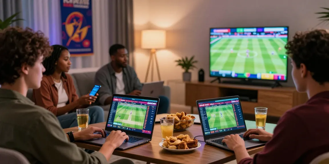 Friends enjoying online betting on Fairplay24 during a live cricket match in a cozy living room.