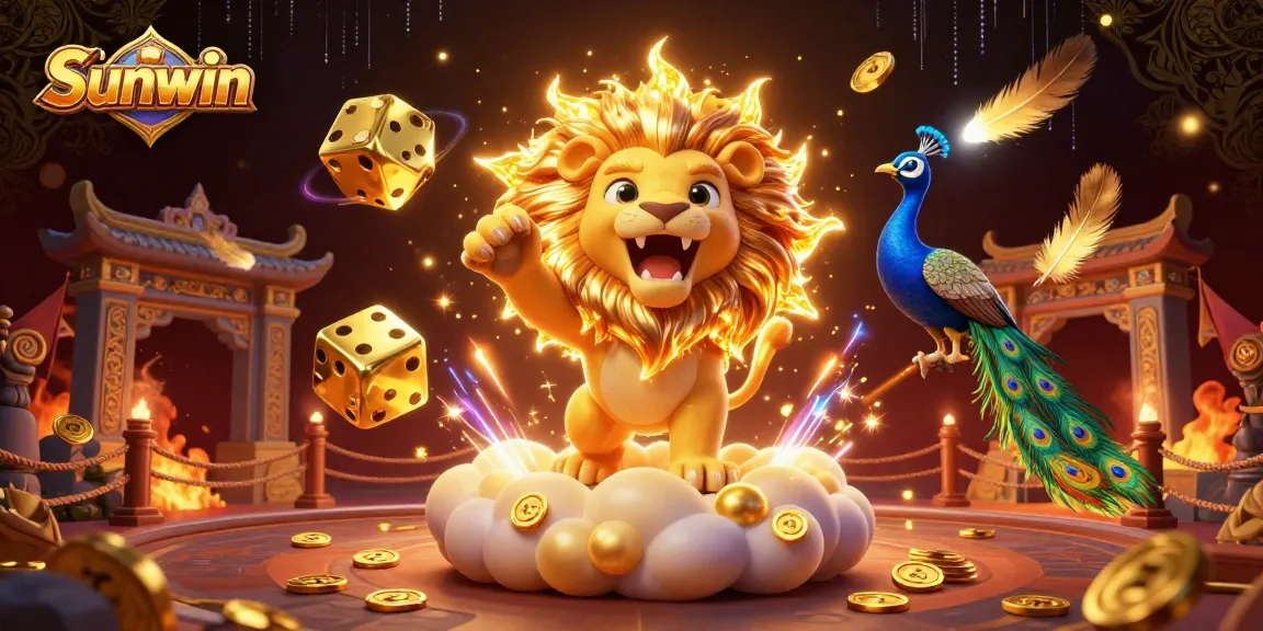 Join the excitement at Sunwin, where the sun lion roars atop golden clouds amidst swirling game elements.