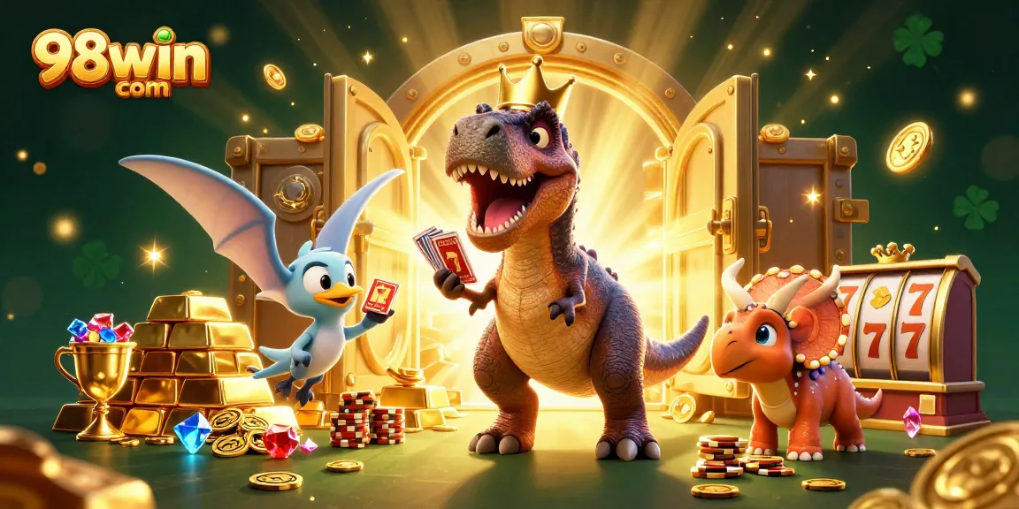Experience thrilling gameplay at 98win com as fun characters shuffle cards amidst dazzling treasure.