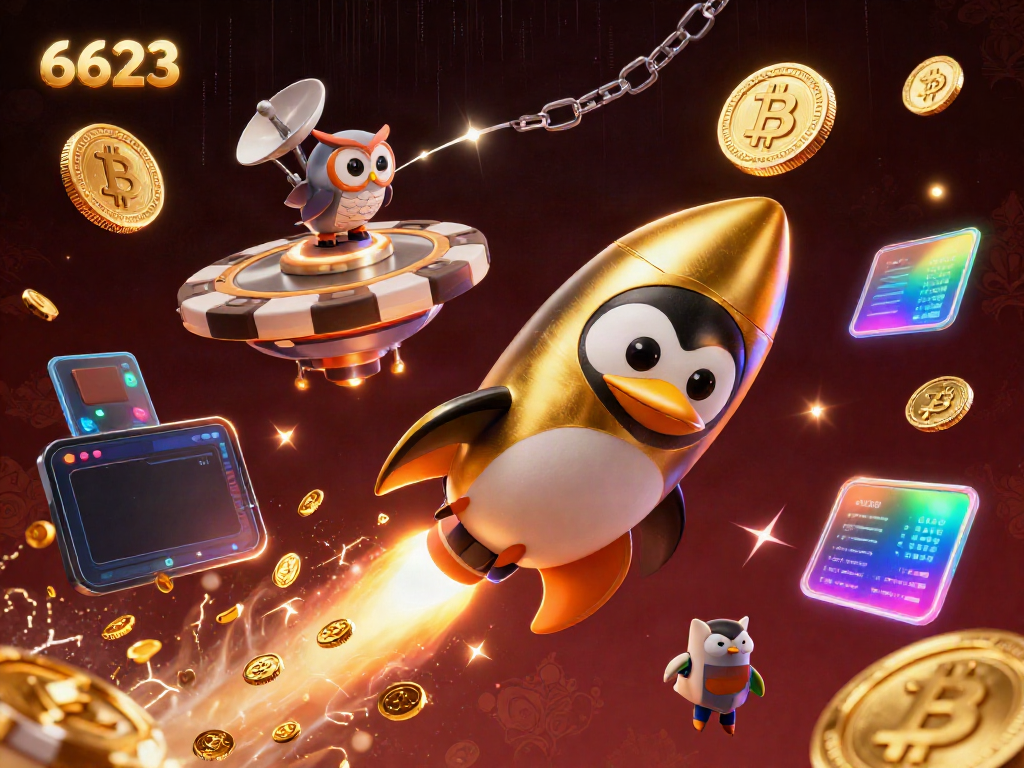 Engage in thrilling gameplay at 6623, a vibrant online casino experience featuring a golden penguin and dynamic crypto elements.