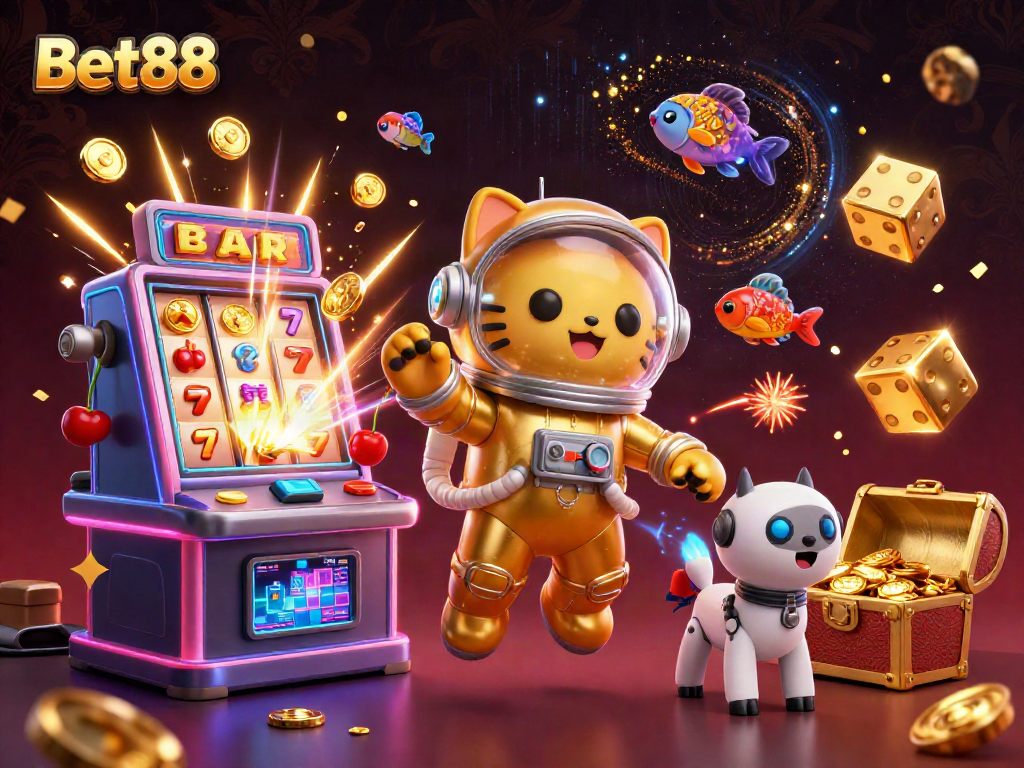 Experience excitement with Bet88 in this dynamic 3D casino-themed illustration.
