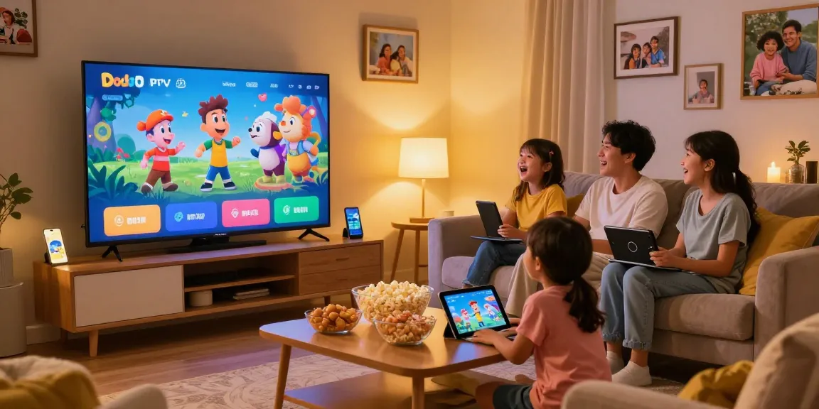 Dodo IPTV subscription enriching family time with kids enjoying animated shows in a cozy living room.