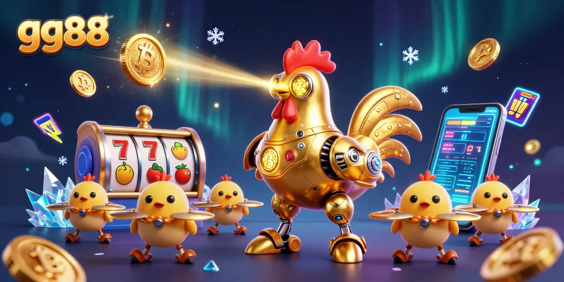 Engage in thrilling casino action at gg88 with vibrant slot reels and a futuristic rooster robot.