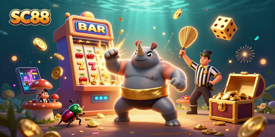 SC88 shines as a rhinoceros beetle sumo champion stomps coins in a vibrant casino scene.