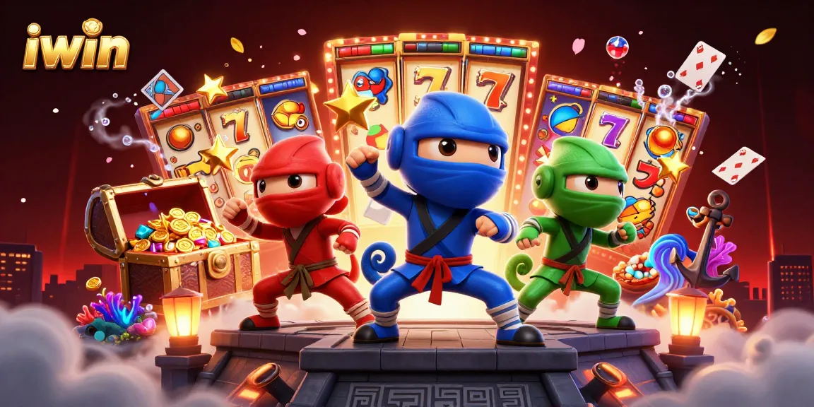 iwin spins in excitement with ninja chameleons amidst slot machines and treasures